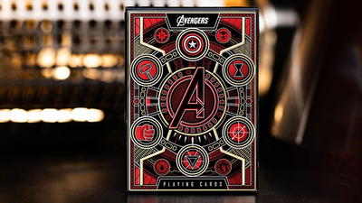Red-and-black Avengers playing-card tuck box with a large Avengers emblem and circular hero symbols