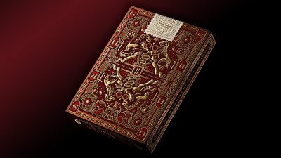 Back of the red Gryffindor Harry Potter tuck box with ornate gold artwork and a white seal