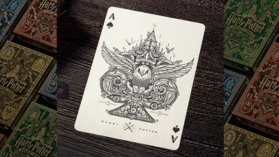 Harry Potter Ace of Spades surrounded by the four Hogwarts house tuck boxes