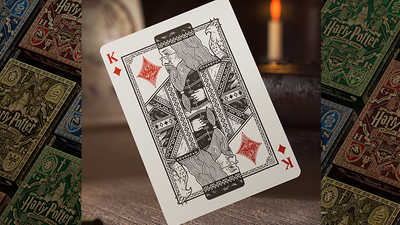 Harry Potter King of Diamonds featuring Severus Snape, framed by Hogwarts house tuck boxes