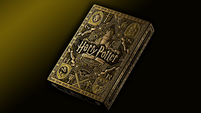 Yellow Hufflepuff Harry Potter playing-card tuck box with ornate gold details