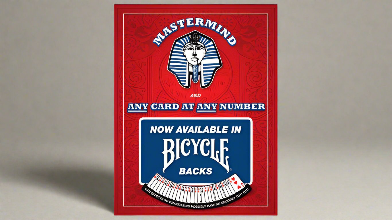 Product packaging for 'Mastermind – Any Card at Any Number.' The red box features a prominent blue Egyptian pharaoh graphic at the top and highlights 'Bicycle Backs' availability. The bottom displays a fanned-out deck of cards, emphasizing a professional magic effect.